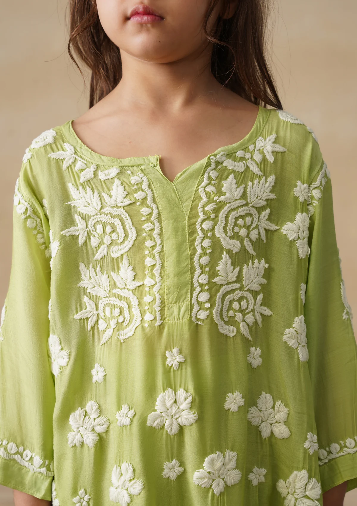 HOC Muslin Chikankari Solid Girls 2 PC Long Kurta Set - Pista green - Image 10