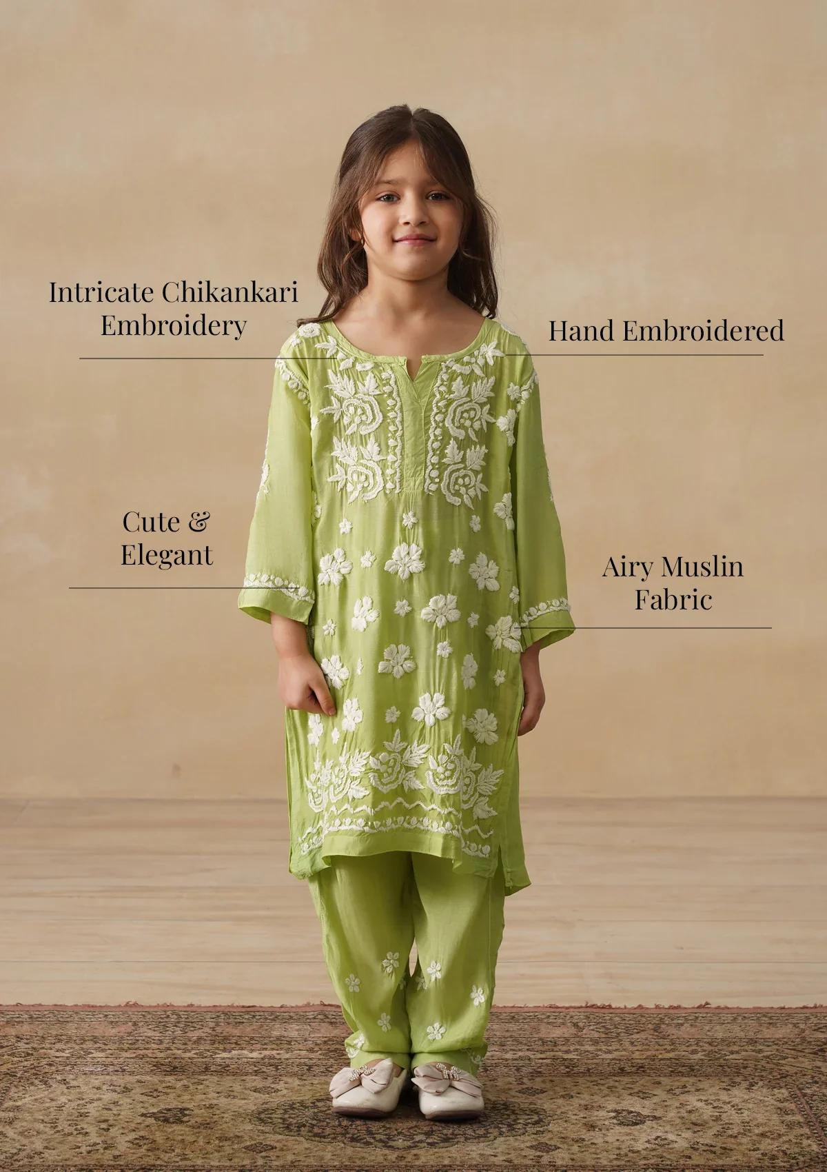 HOC Muslin Chikankari Solid Girls 2 PC Long Kurta Set - Pista green - Image 11
