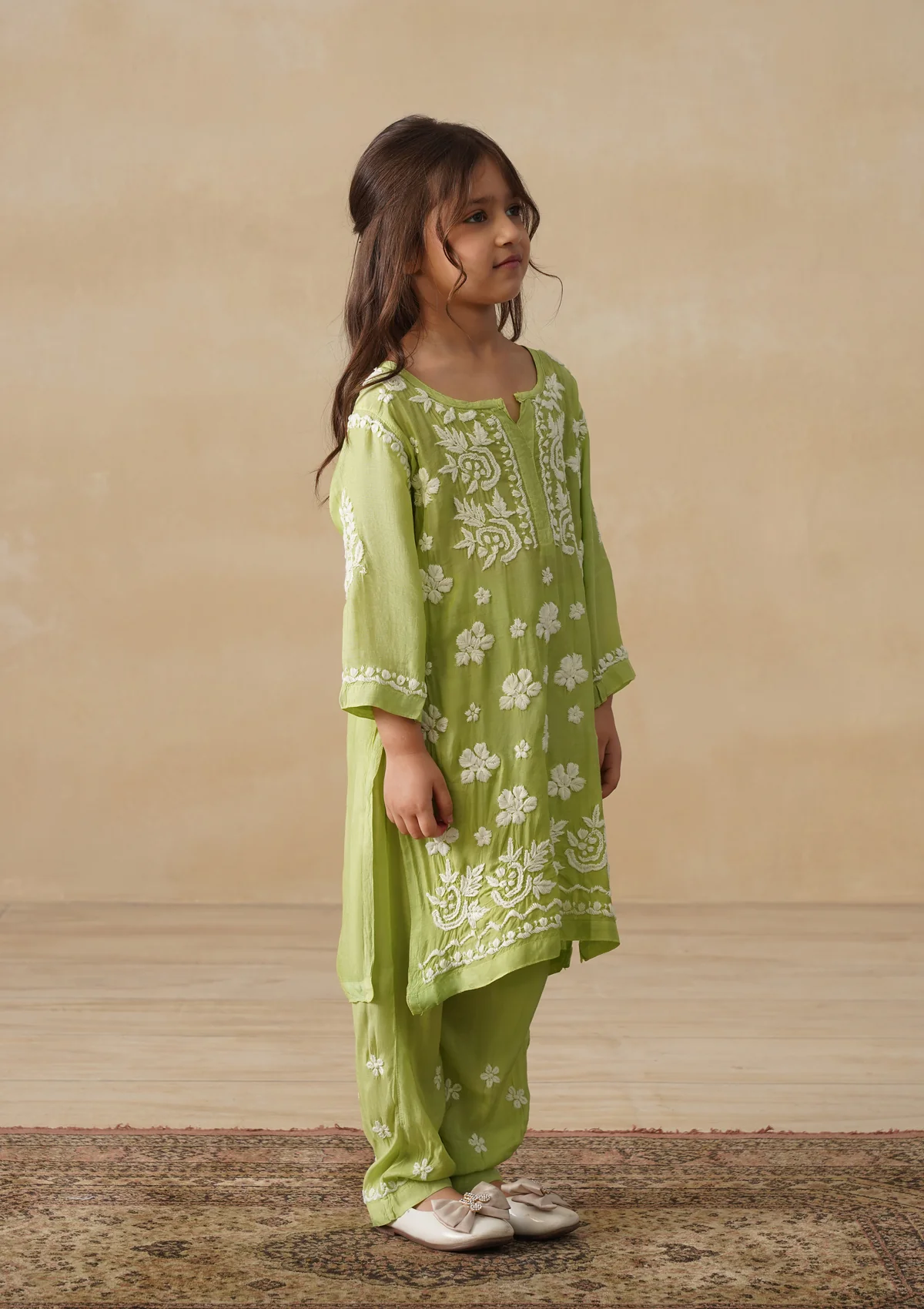 HOC Muslin Chikankari Solid Girls 2 PC Long Kurta Set - Pista green - Image 4
