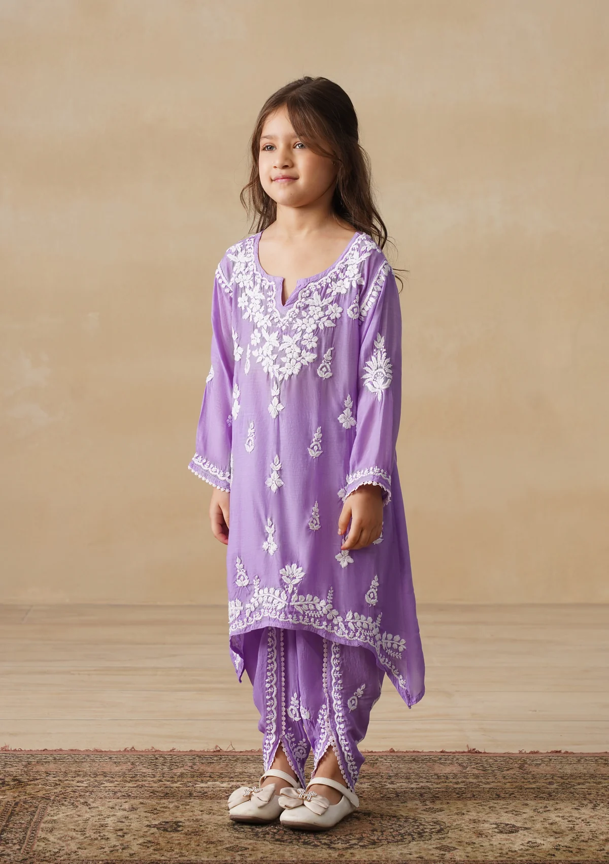 HOC Muslin Chikankari Solid Girls 2 PC Long Kurta Set - Purple - Image 3