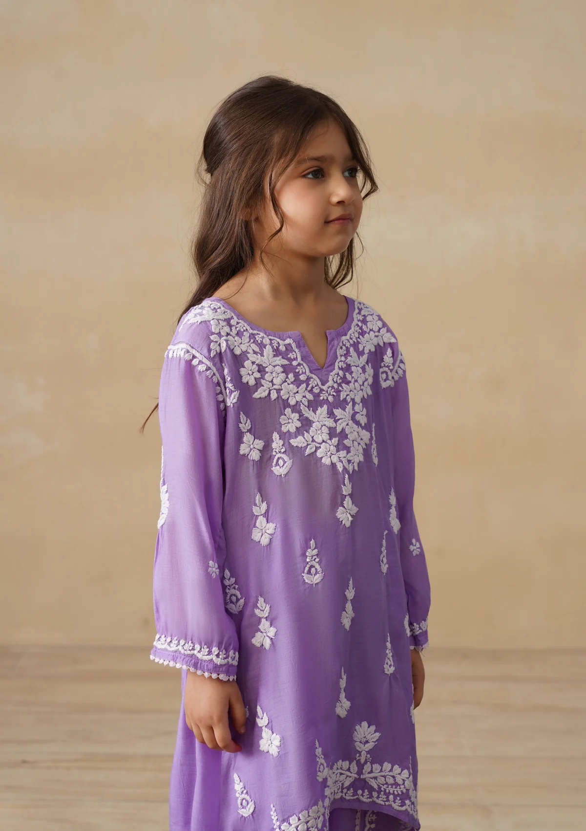 HOC Muslin Chikankari Solid Girls 2 PC Long Kurta Set - Purple - Image 4