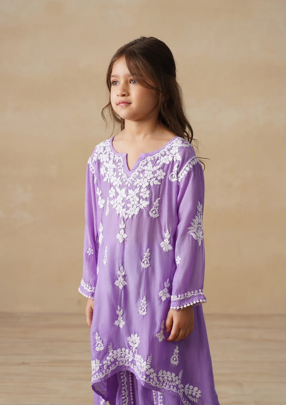 HOC Muslin Chikankari Solid Girls 2 PC Long Kurta Set - Purple - Image 5