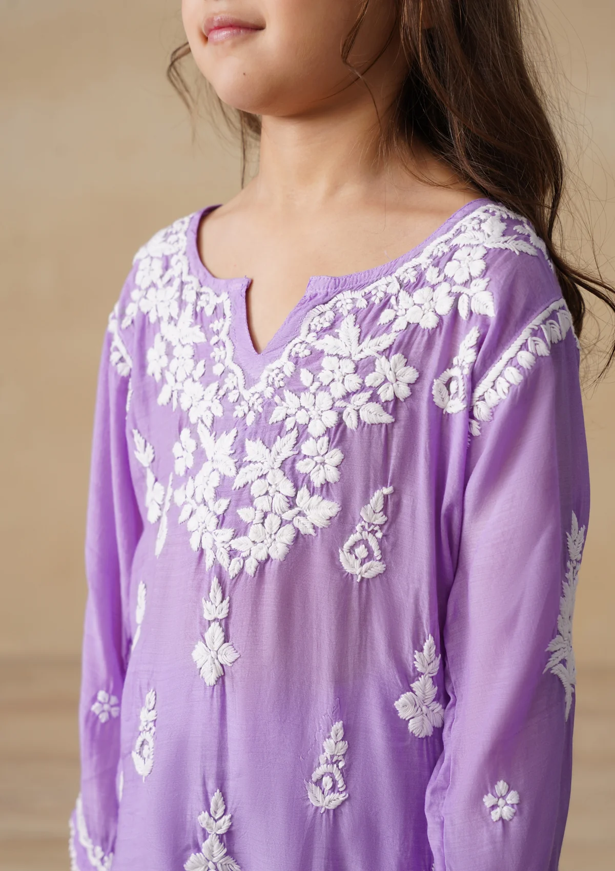 HOC Muslin Chikankari Solid Girls 2 PC Long Kurta Set - Purple - Image 6