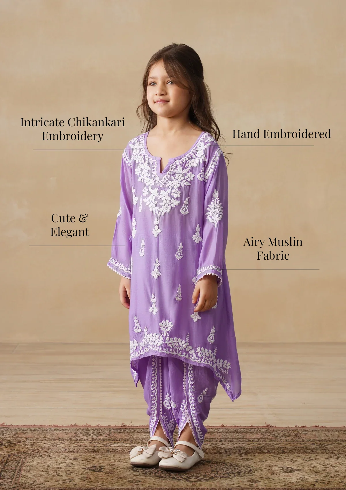 HOC Muslin Chikankari Solid Girls 2 PC Long Kurta Set - Purple - Image 8
