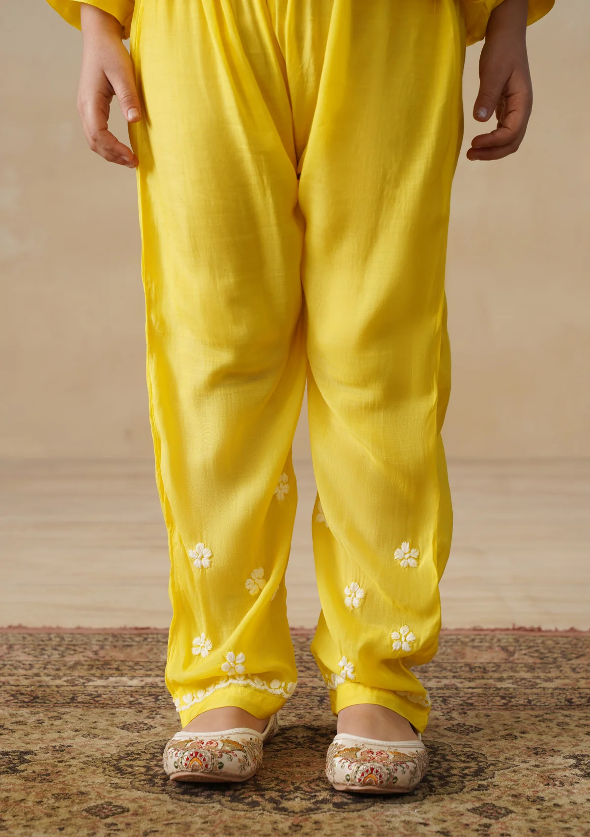 HOC Muslin Chikankari Solid Girls 2 PC Long Kurta Set - Yellow - Image 10