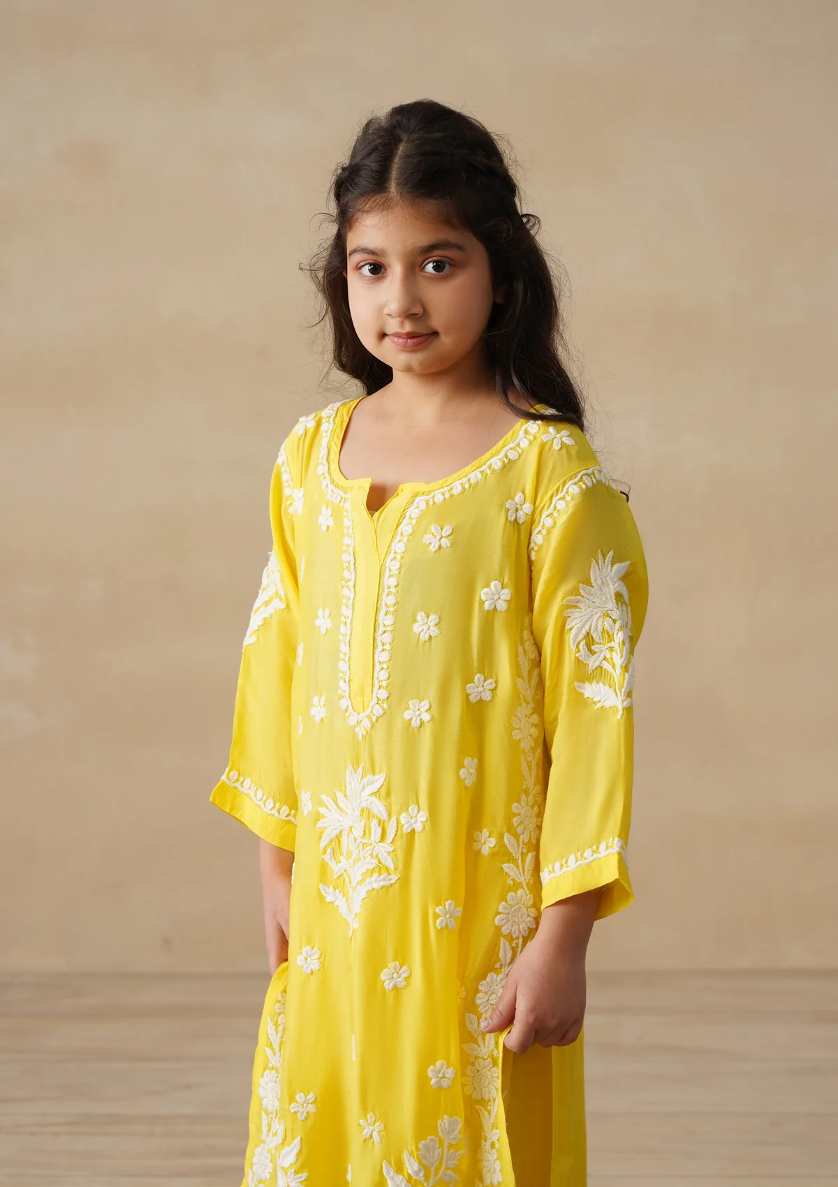HOC Muslin Chikankari Solid Girls 2 PC Long Kurta Set - Yellow - Image 5