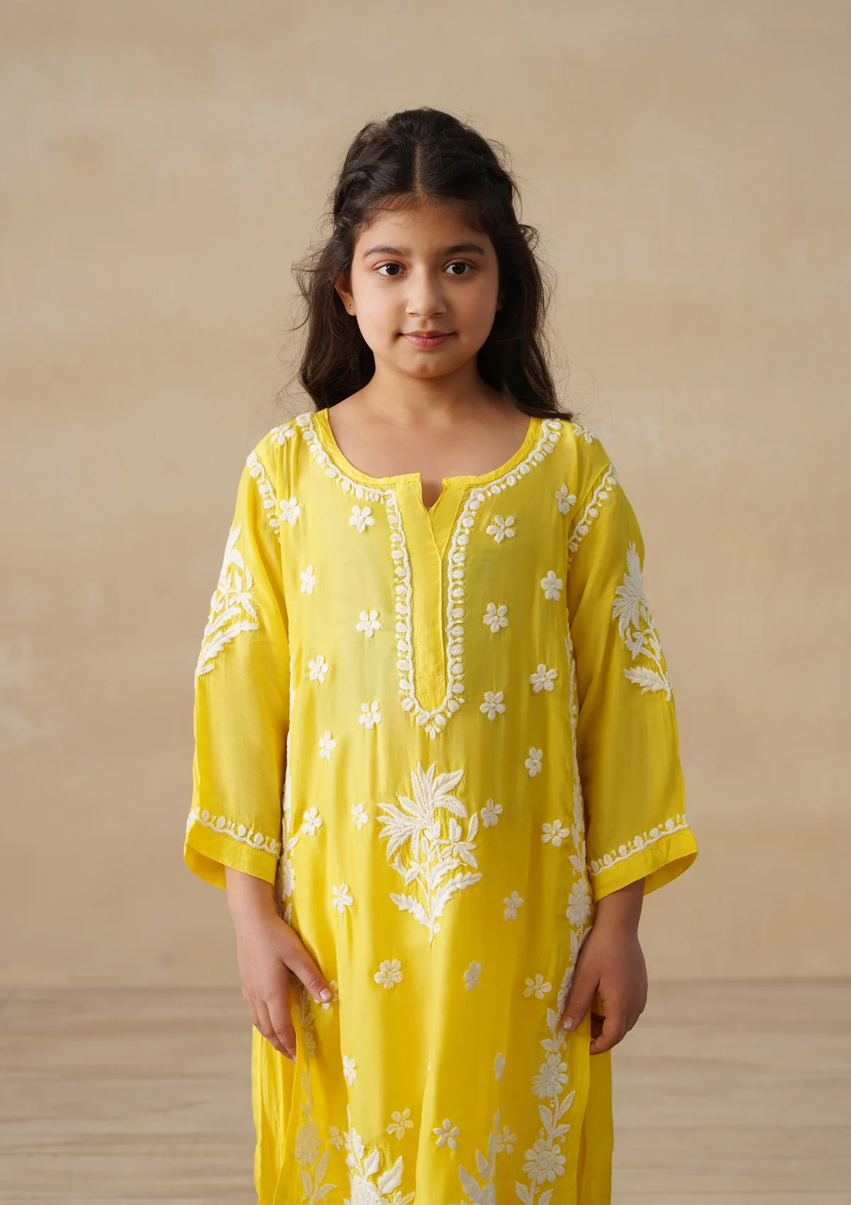 HOC Muslin Chikankari Solid Girls 2 PC Long Kurta Set - Yellow - Image 6