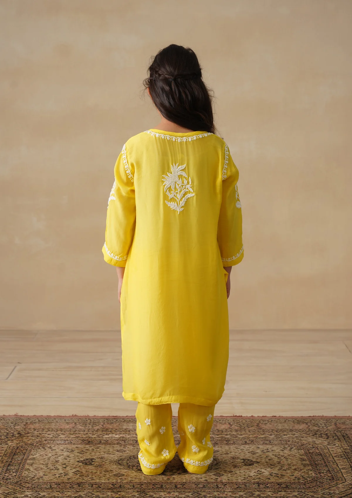 HOC Muslin Chikankari Solid Girls 2 PC Long Kurta Set - Yellow - Image 8