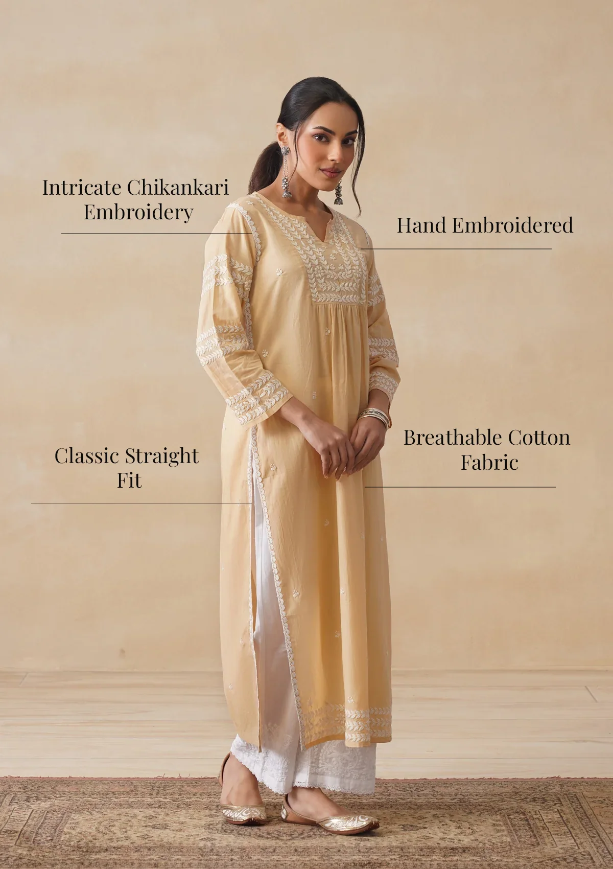 Adila Cotton Chikankari Solid Women's Long Kurta - Beige - Image 10