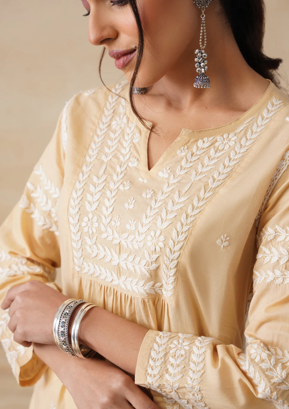 Adila Cotton Chikankari Solid Women's Long Kurta - Beige - Image 4