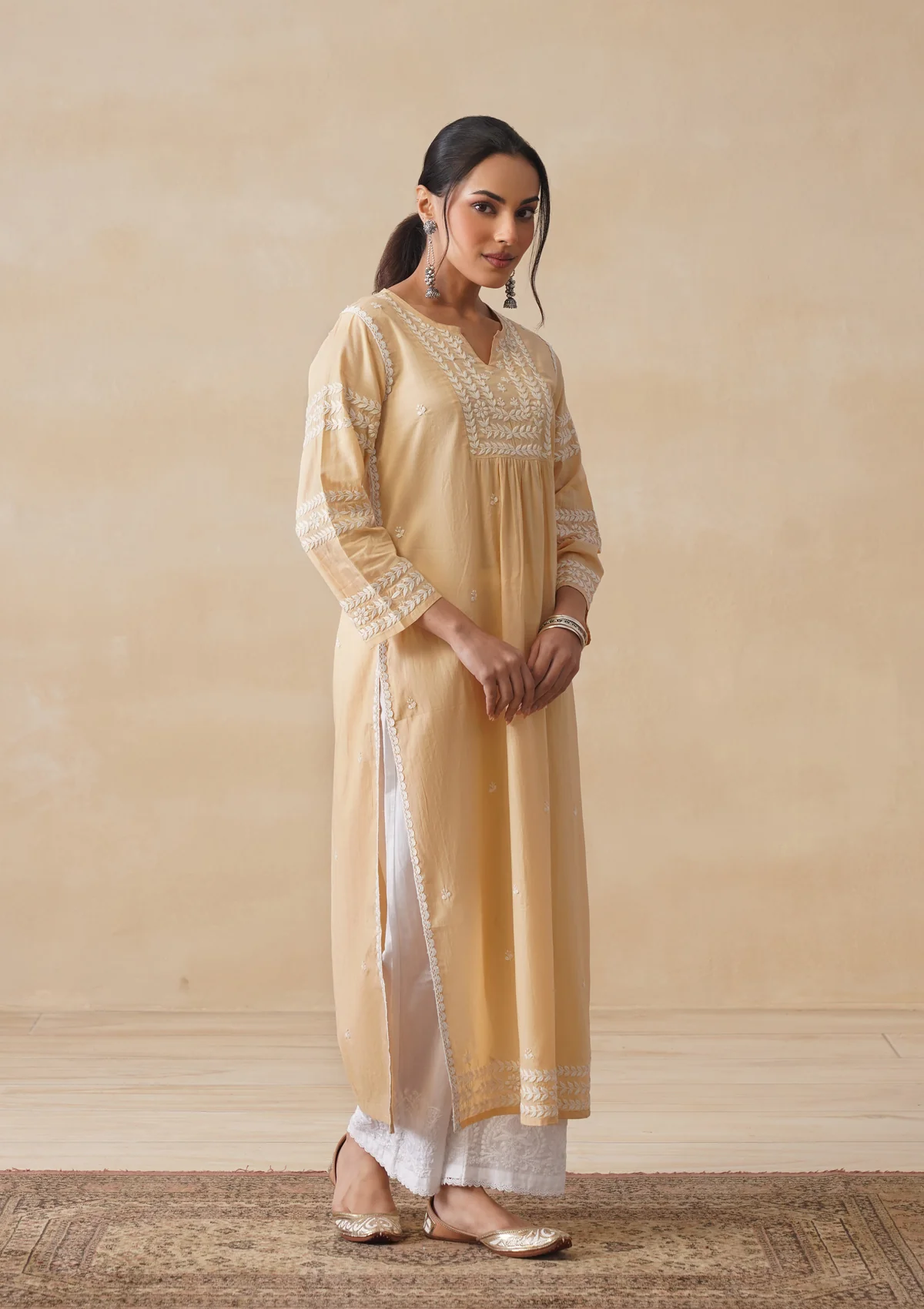 Adila Cotton Chikankari Solid Women's Long Kurta - Beige - Image 6