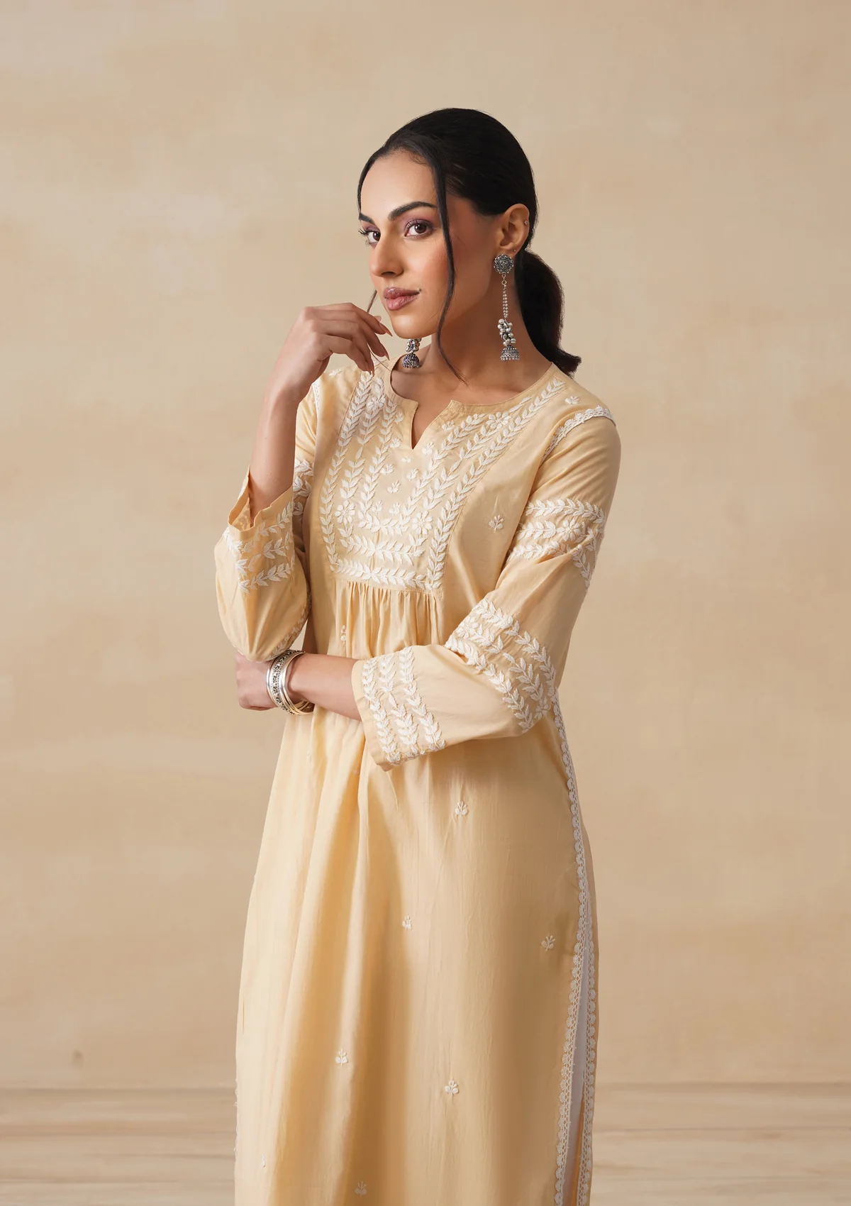 Adila Cotton Chikankari Solid Women's Long Kurta - Beige - Image 7