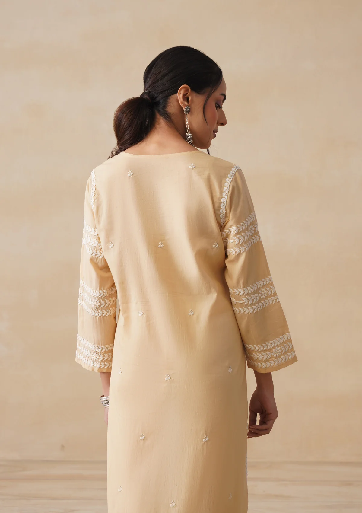 Adila Cotton Chikankari Solid Women's Long Kurta - Beige - Image 8