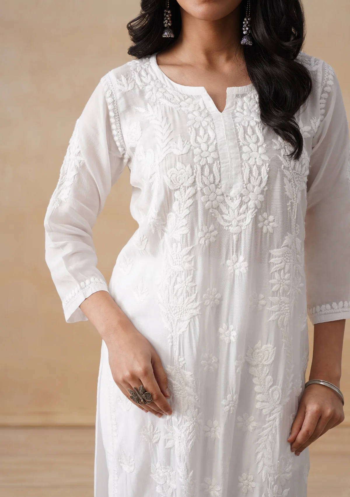 Muslin Chikankari Solid Women's Long Kurta - White - Image 6