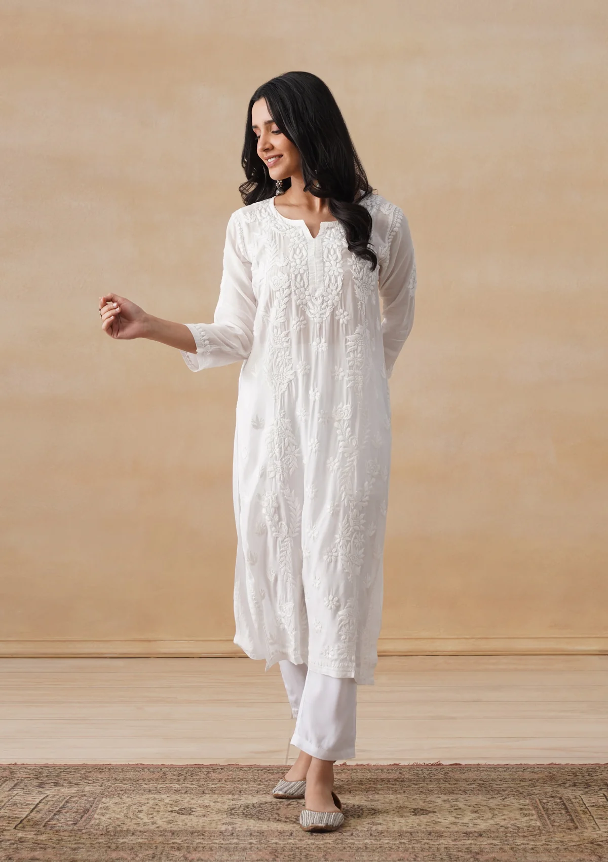 Muslin Chikankari Solid Women's Long Kurta - White - Image 8