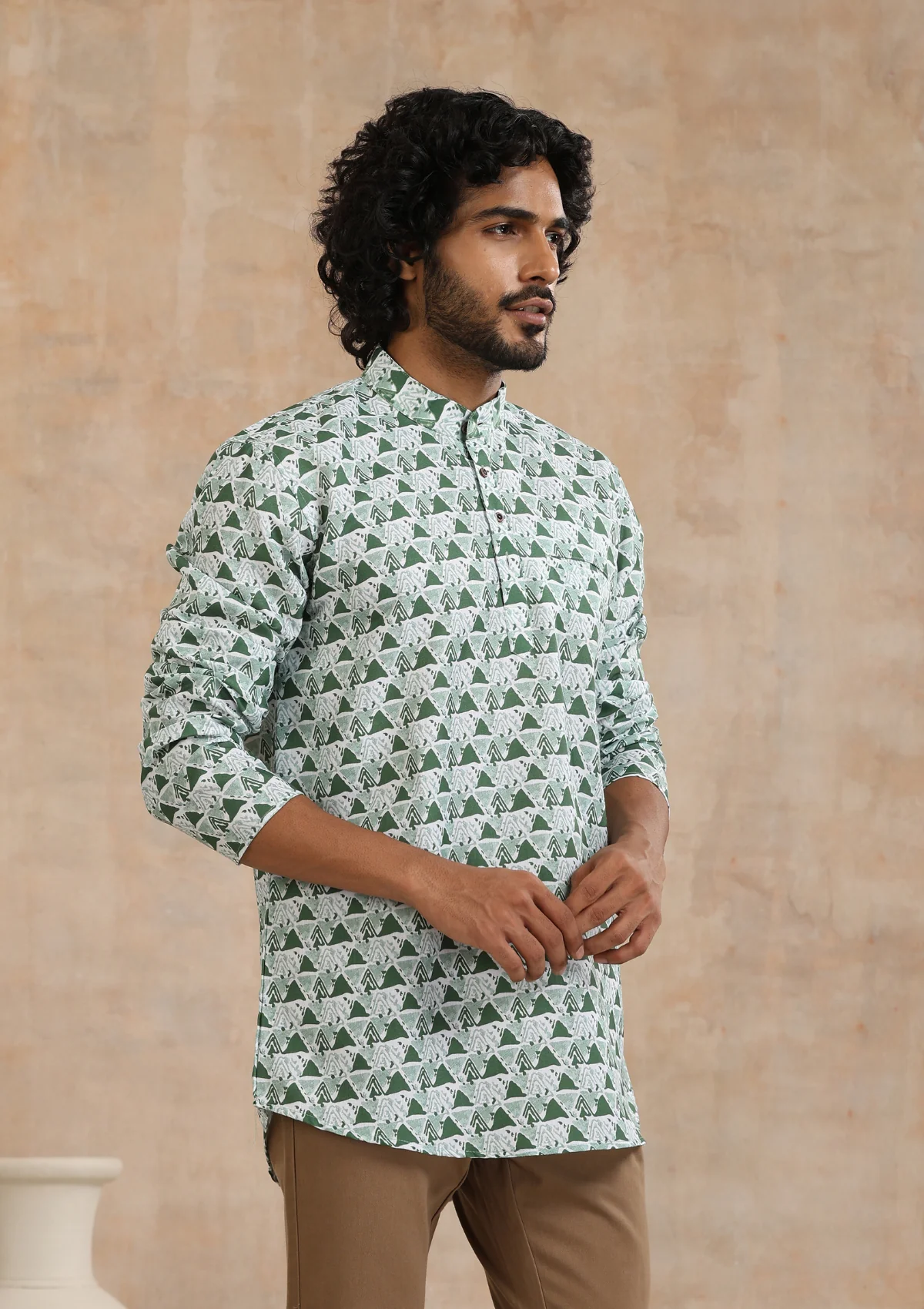 HOC Poly Cotton Printed Men's Short Kurta - Green - Image 3