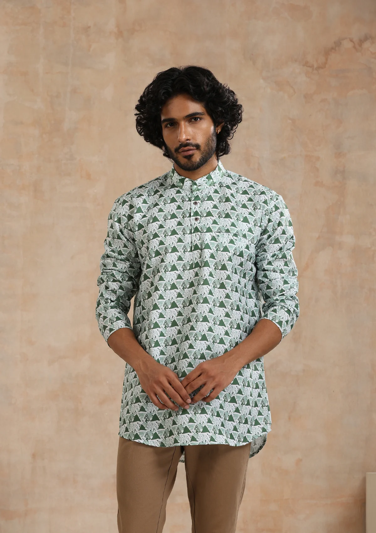 HOC Poly Cotton Printed Men's Short Kurta - Green - Image 4