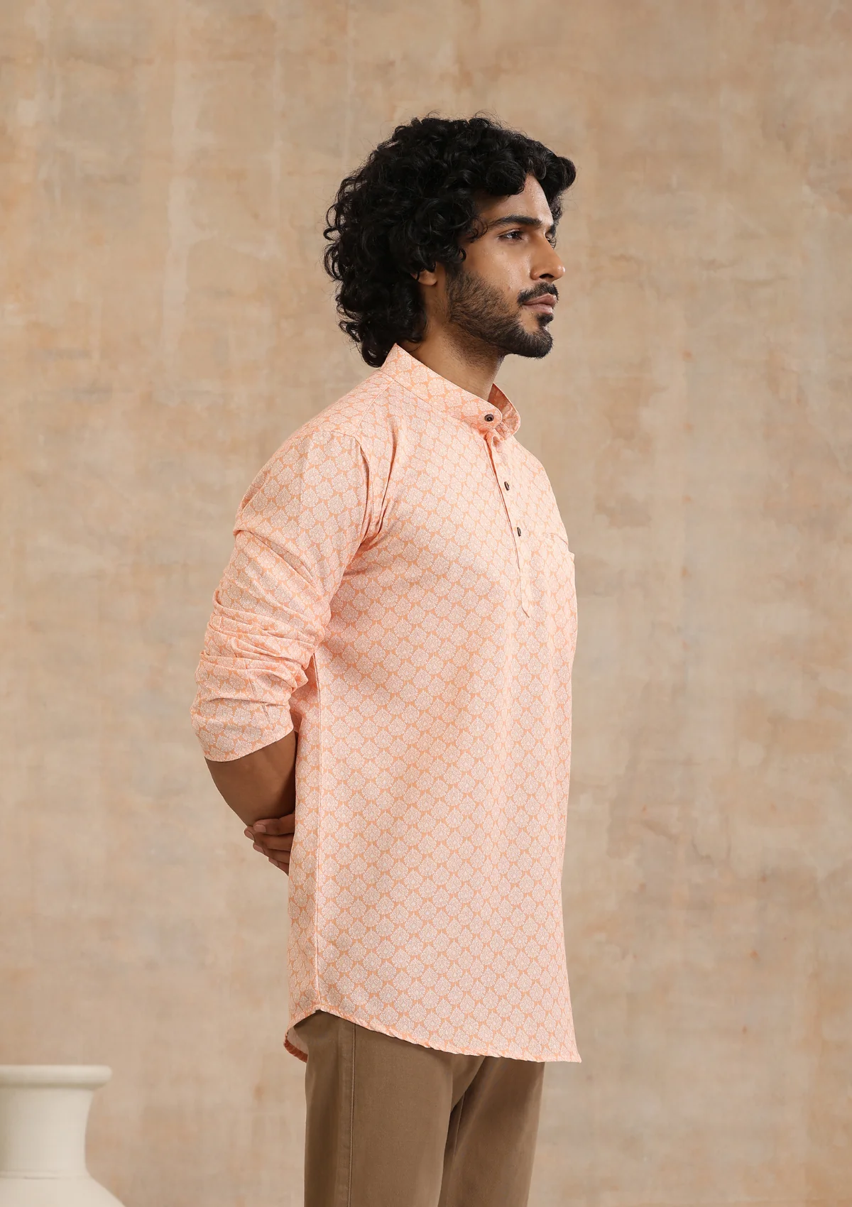 HOC Poly Cotton Printed Men's Short Kurta - Orange - Image 3