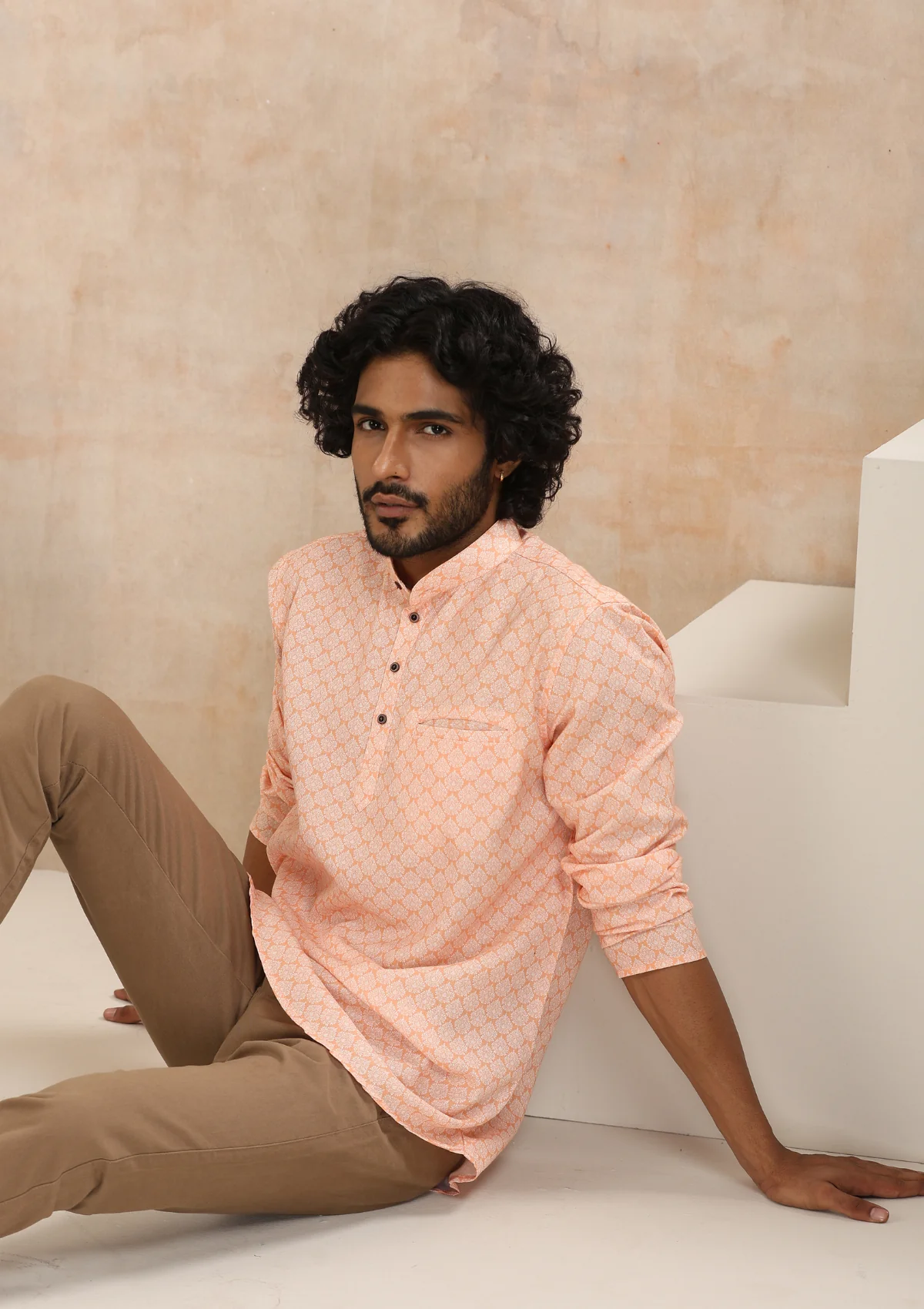 HOC Poly Cotton Printed Men's Short Kurta - Orange - Image 4
