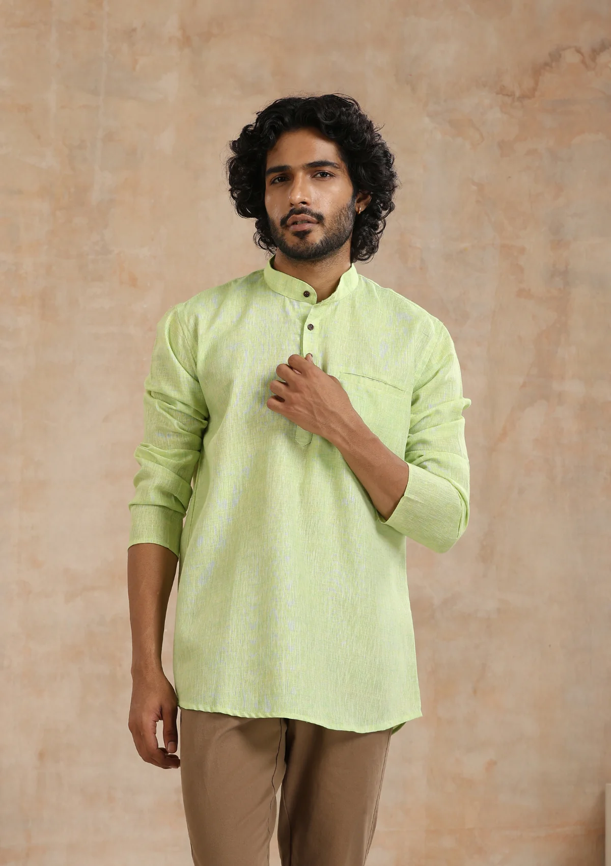 HOC Poly Cotton Solid Men's Short Kurta - Green - Image 4
