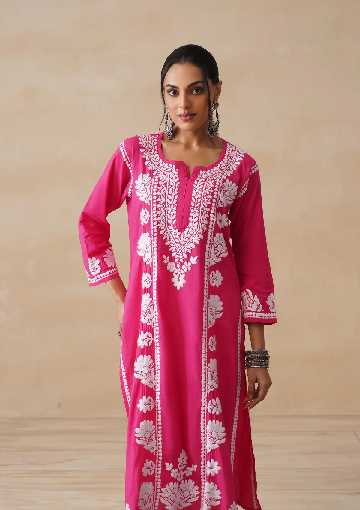 Pure Cotton Chikankari Solid Women's Long Kurta-Fuschia - Image 2