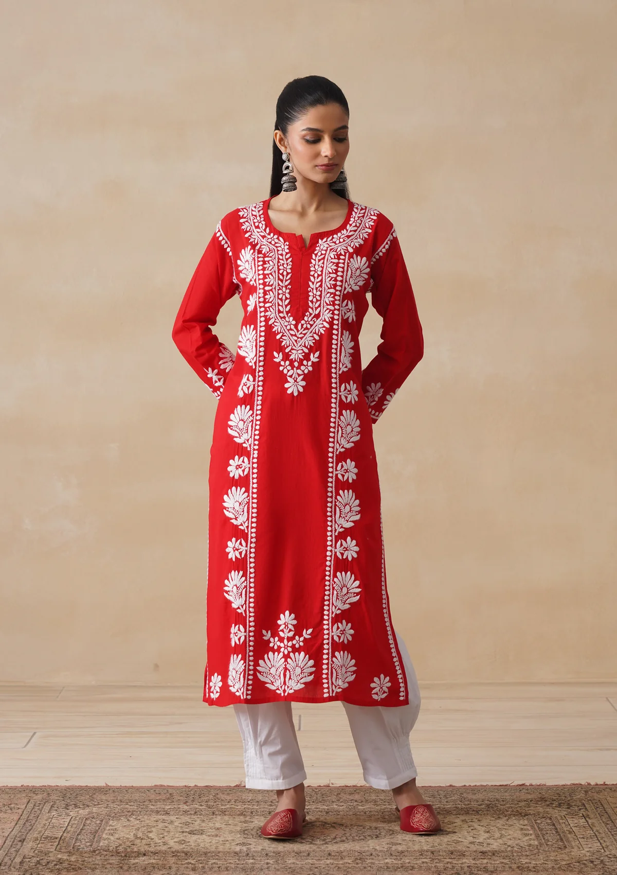 Pure Cotton Chikankari Solid Women's Long Kurta-Red