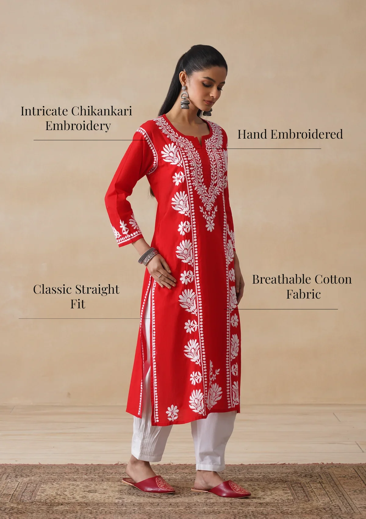 Pure Cotton Chikankari Solid Women's Long Kurta-Red - Image 10