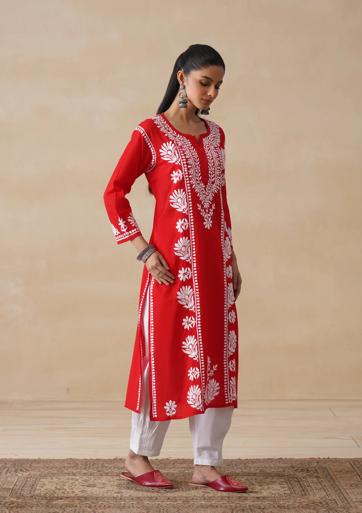 Pure Cotton Chikankari Solid Women's Long Kurta-Red - Image 3