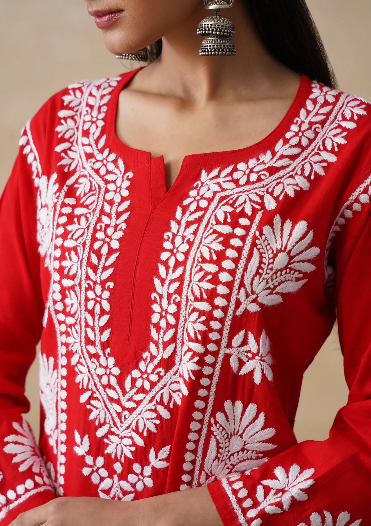 Pure Cotton Chikankari Solid Women's Long Kurta-Red - Image 4