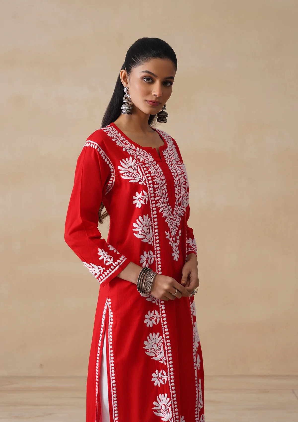 Pure Cotton Chikankari Solid Women's Long Kurta-Red - Image 5