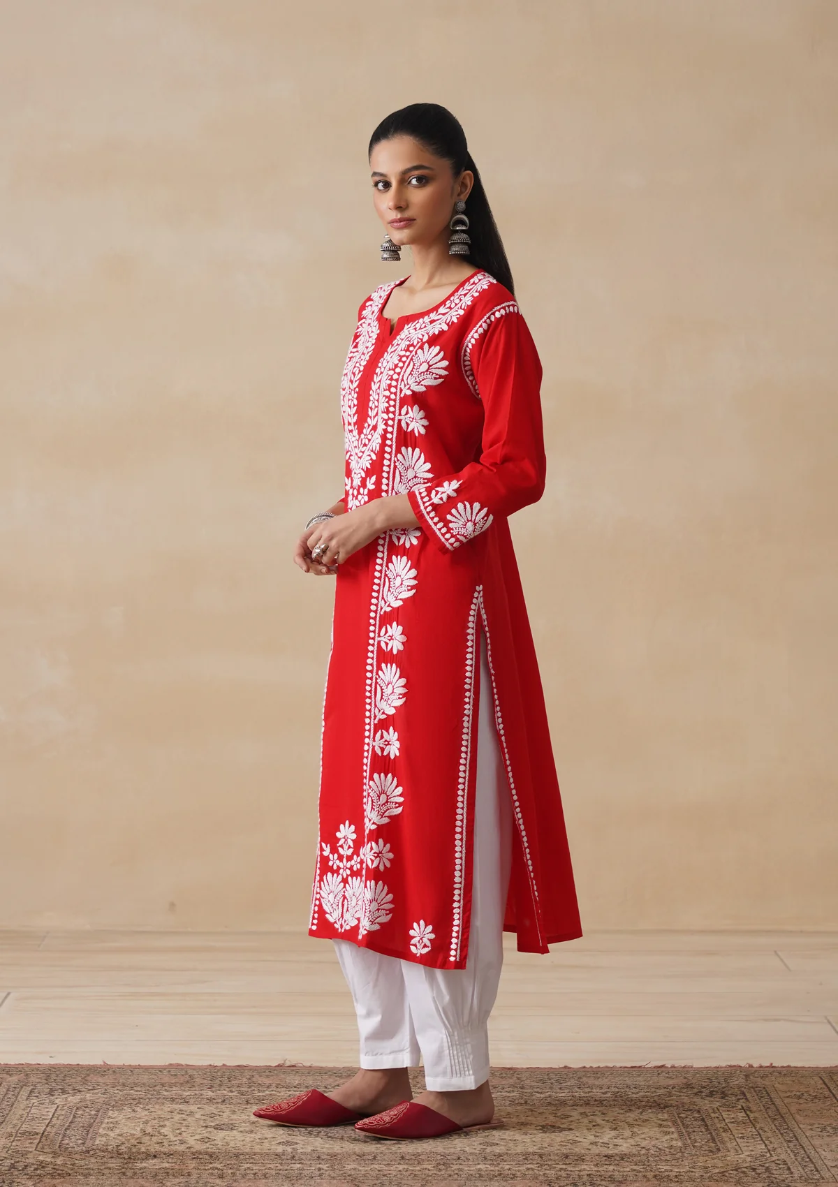 Pure Cotton Chikankari Solid Women's Long Kurta-Red - Image 6