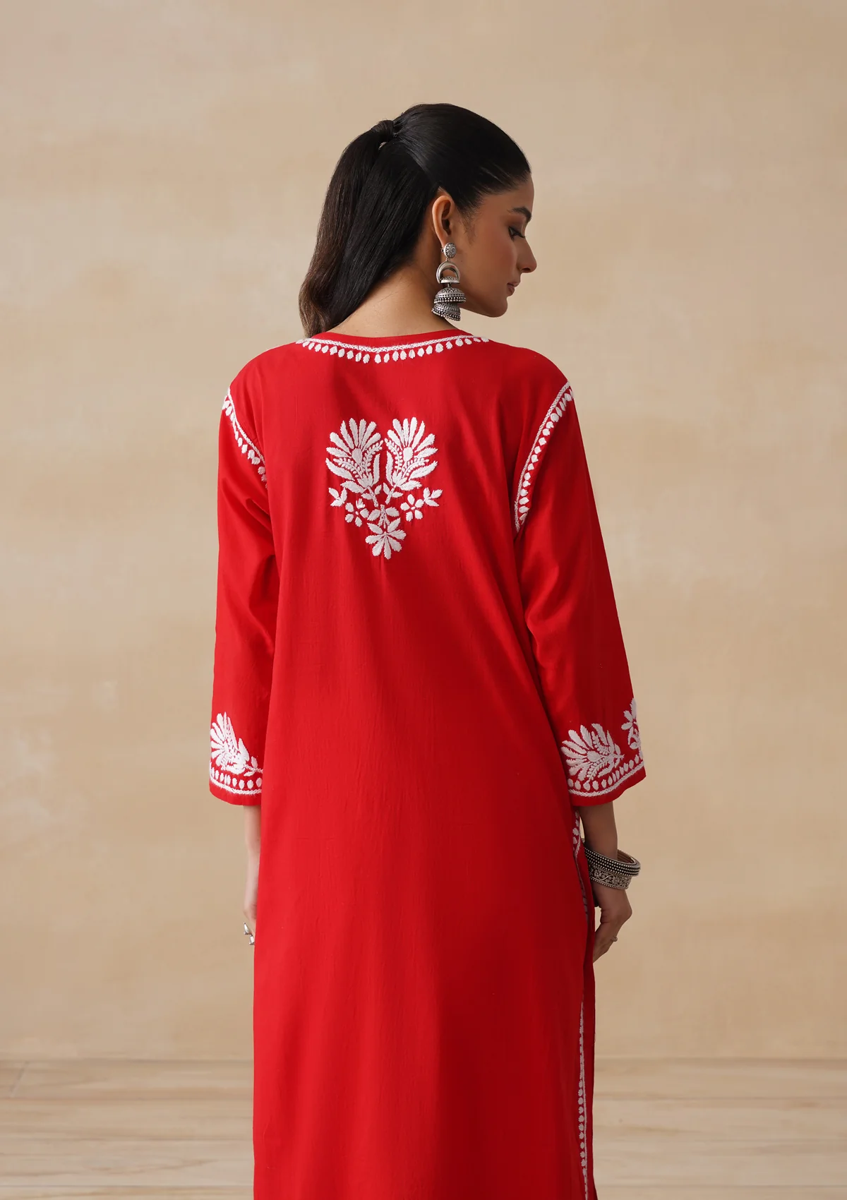 Pure Cotton Chikankari Solid Women's Long Kurta-Red - Image 8