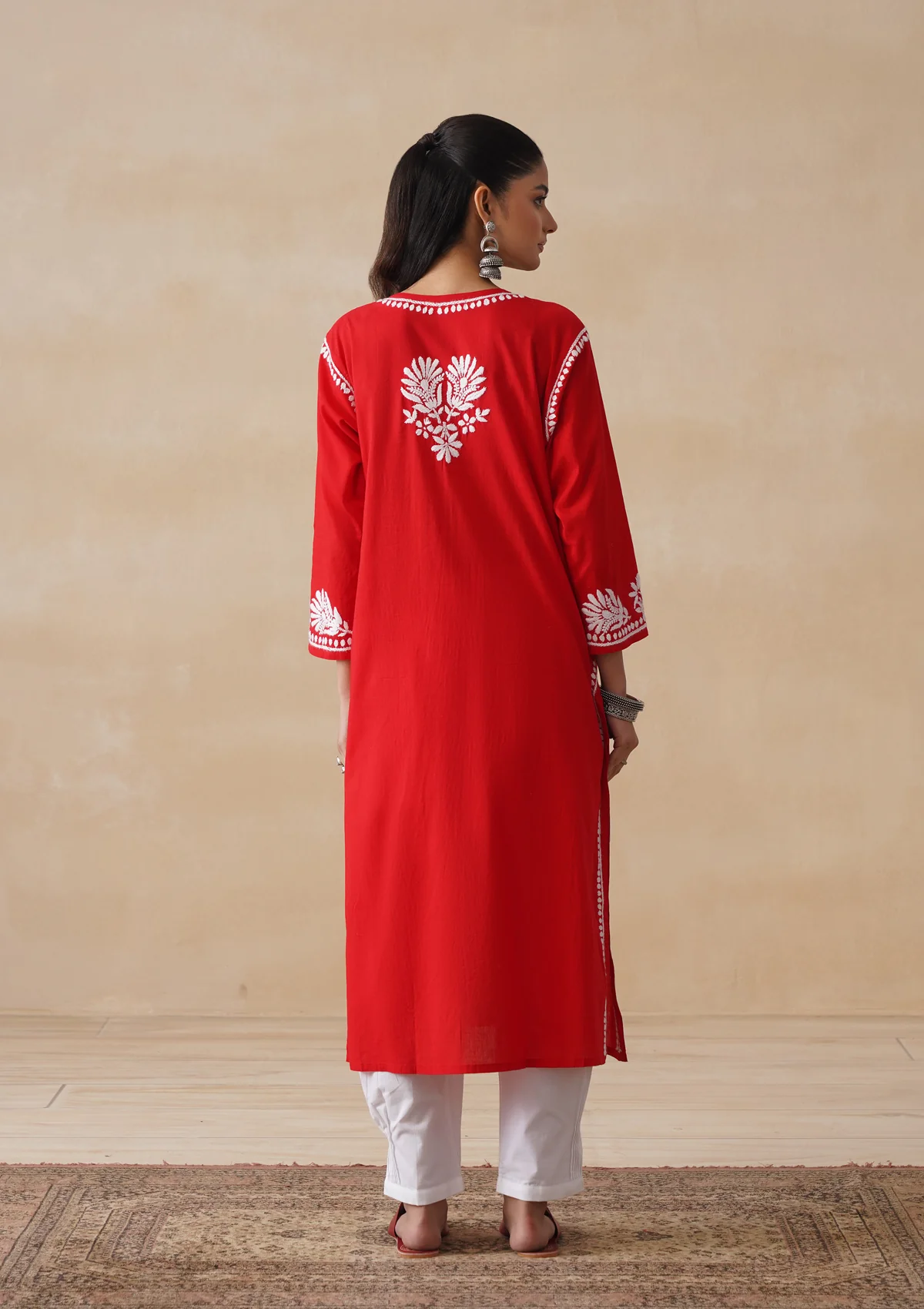 Pure Cotton Chikankari Solid Women's Long Kurta-Red - Image 9