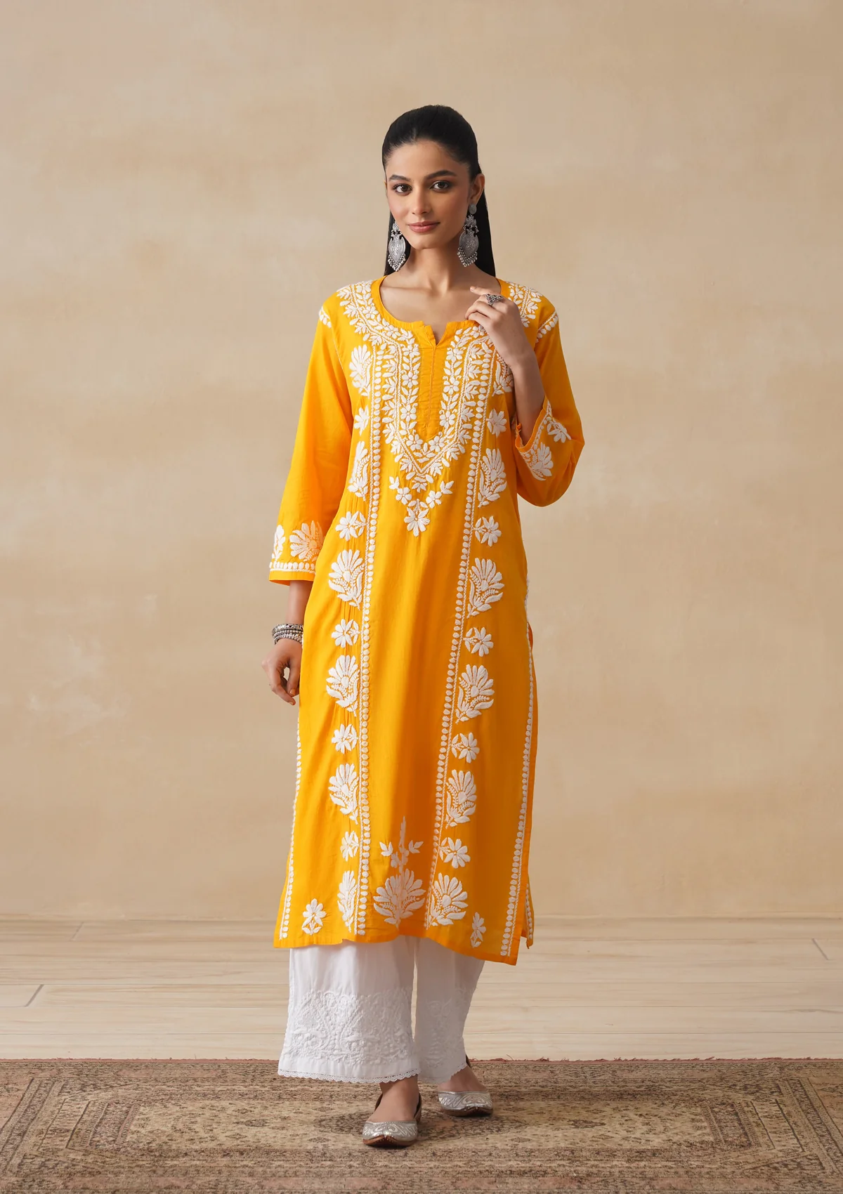 Pure Cotton Chikankari Solid Women's Long Kurta-Yellow
