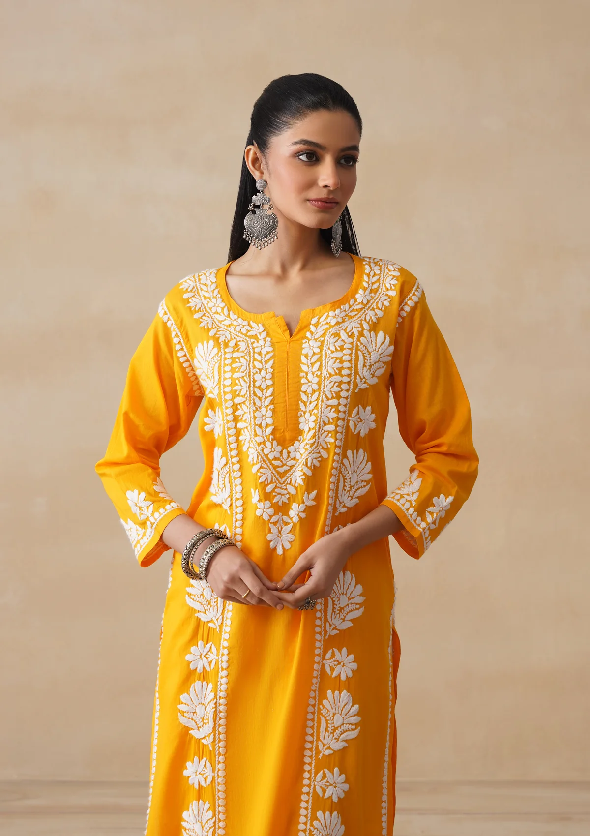 Pure Cotton Chikankari Solid Women's Long Kurta-Yellow - Image 2