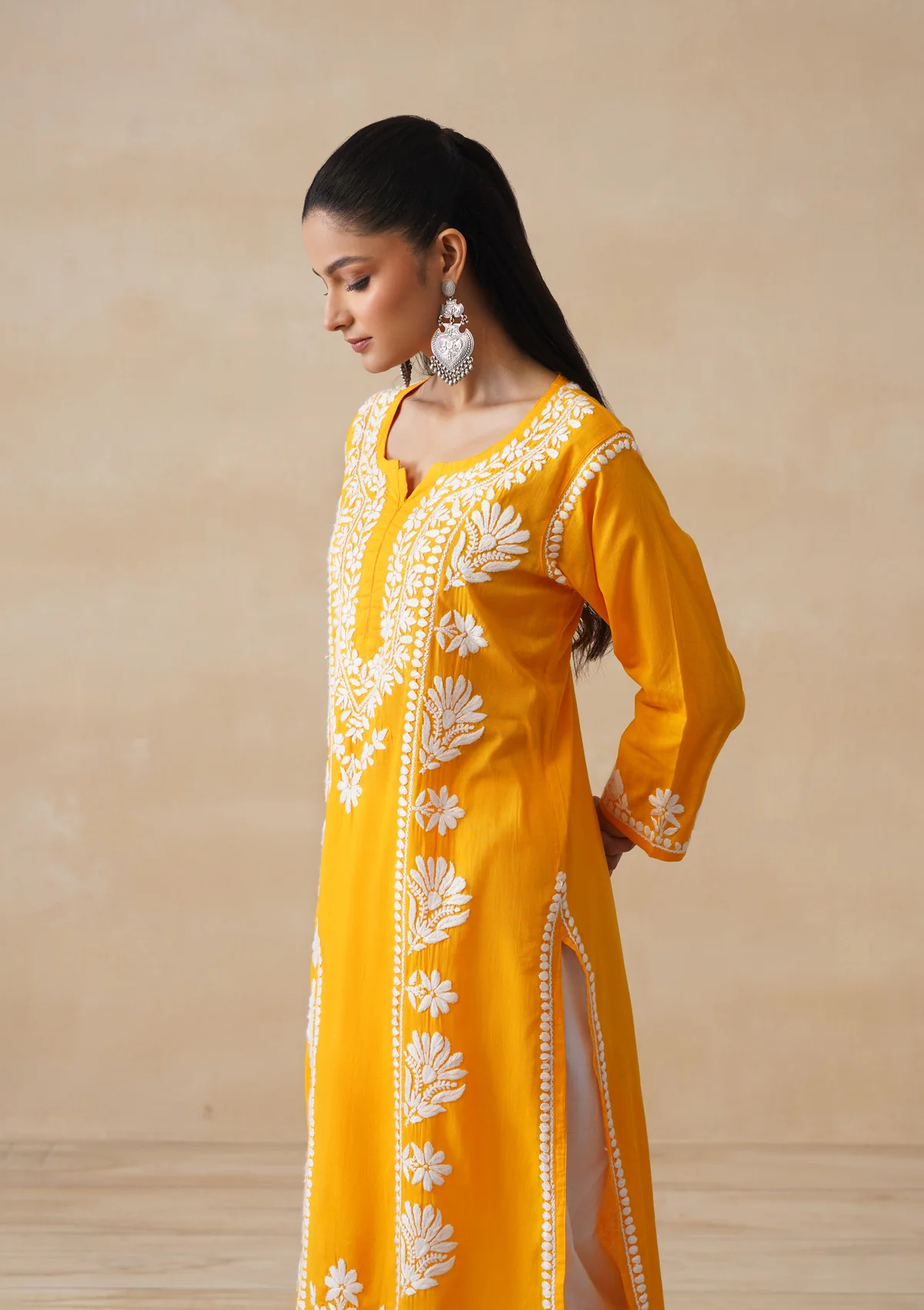 Pure Cotton Chikankari Solid Women's Long Kurta-Yellow - Image 5