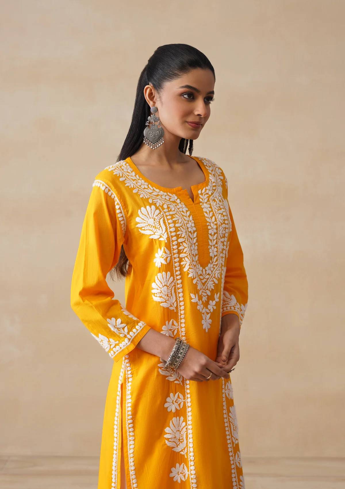 Pure Cotton Chikankari Solid Women's Long Kurta-Yellow - Image 7