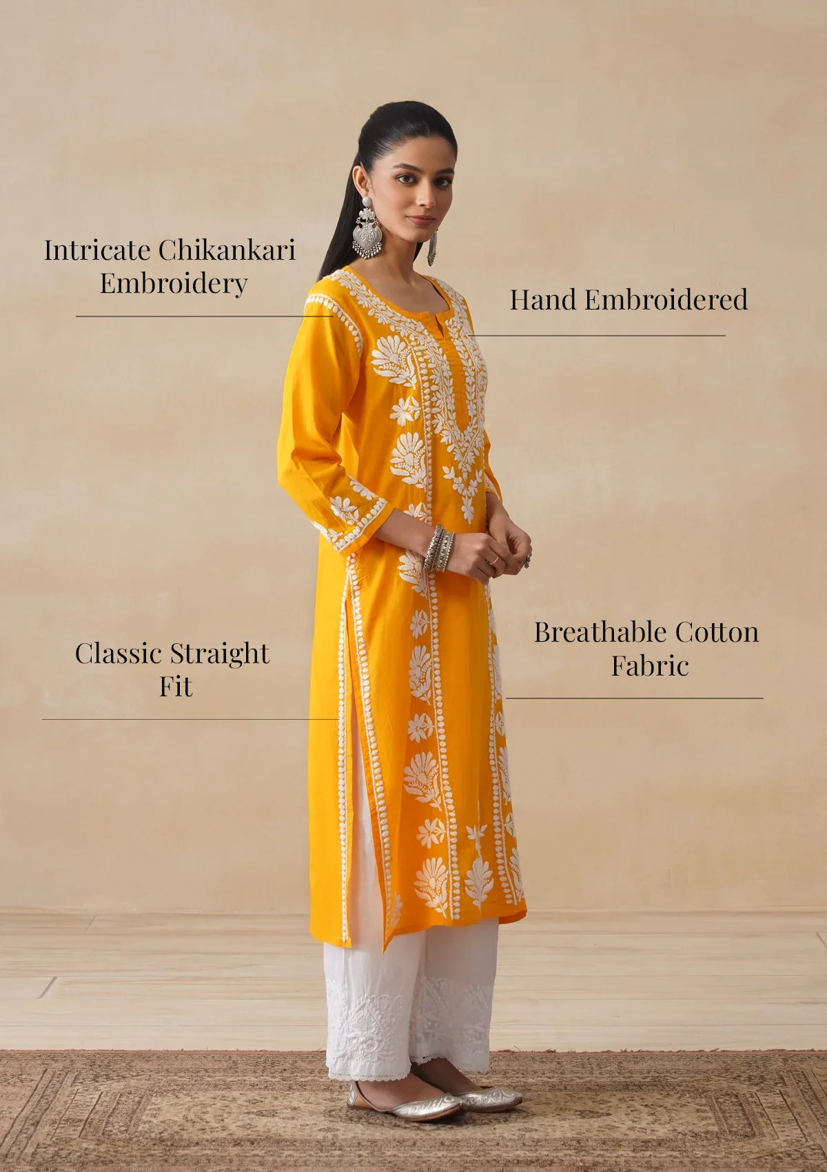Pure Cotton Chikankari Solid Women's Long Kurta-Yellow - Image 9