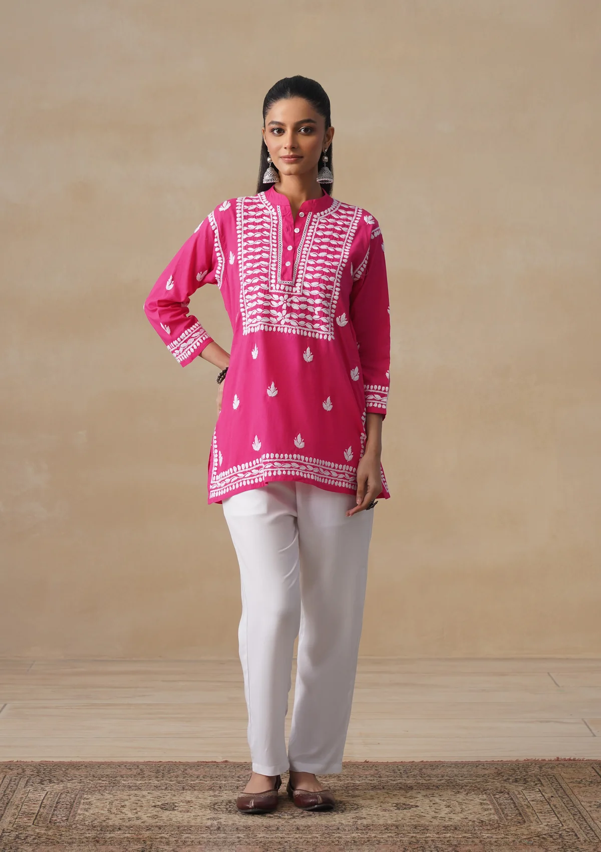 HOC Pure Cotton Chikankari Solid Women's Short Kurta-Fuschia - Image 2