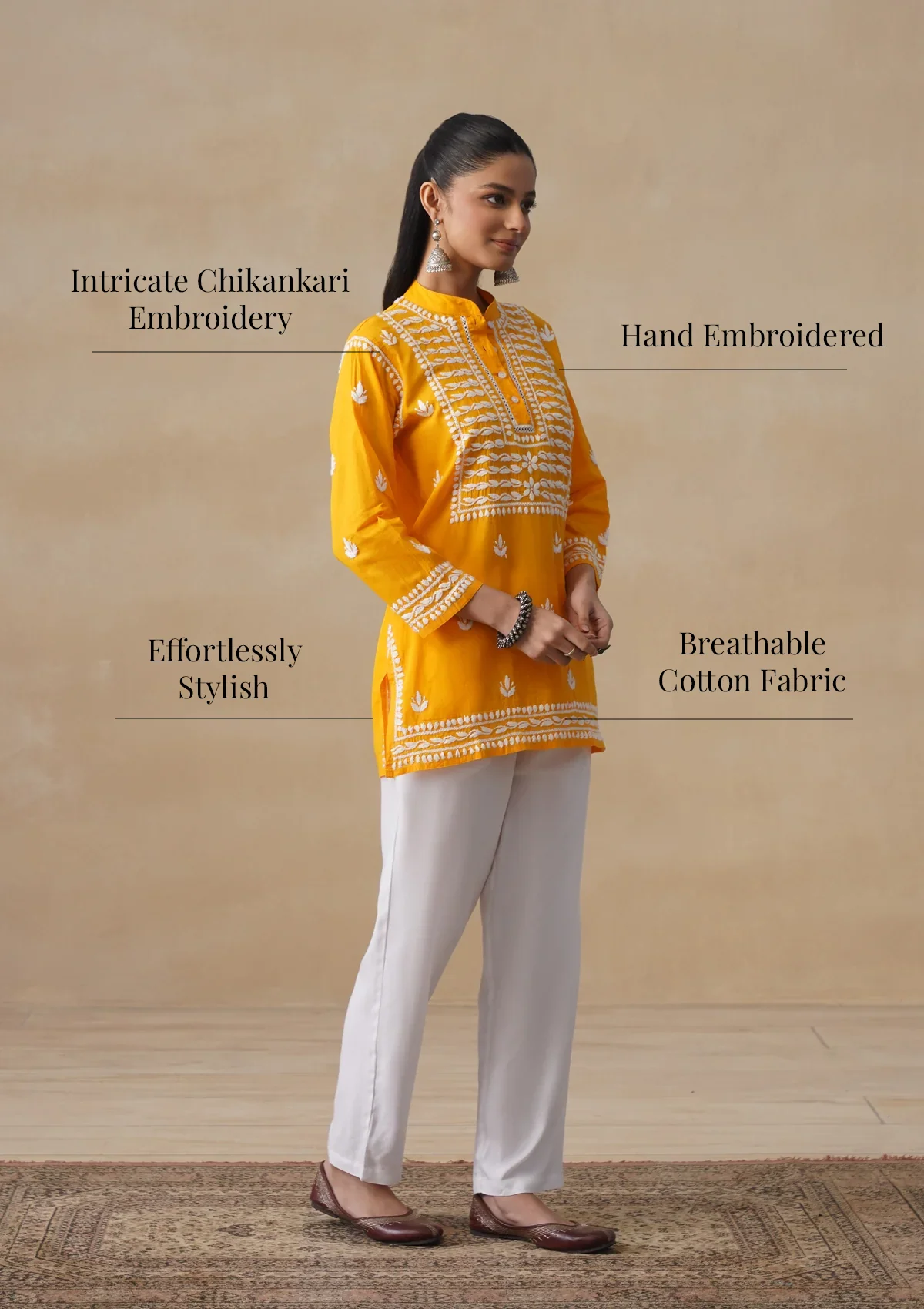 HOC Pure Cotton Chikankari Solid Women's Short Kurta-Mustard - Image 10