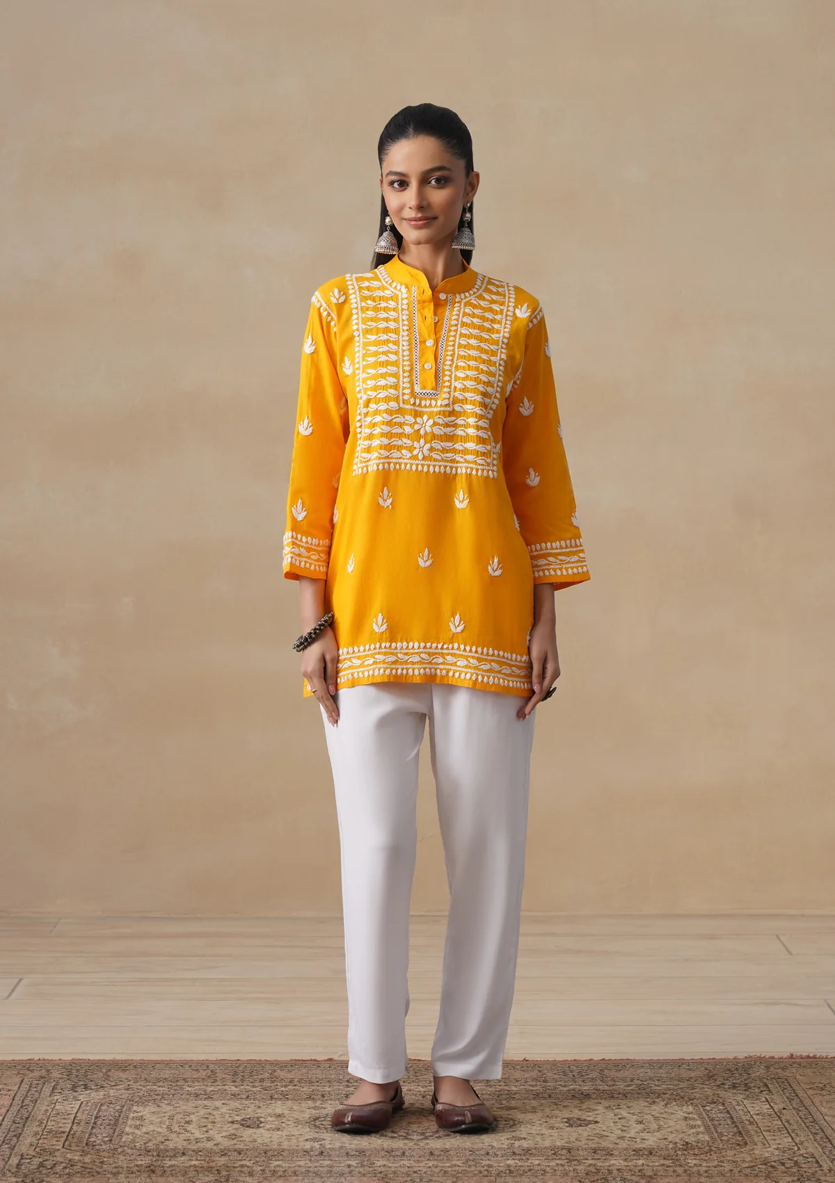 HOC Pure Cotton Chikankari Solid Women's Short Kurta-Mustard - Image 2