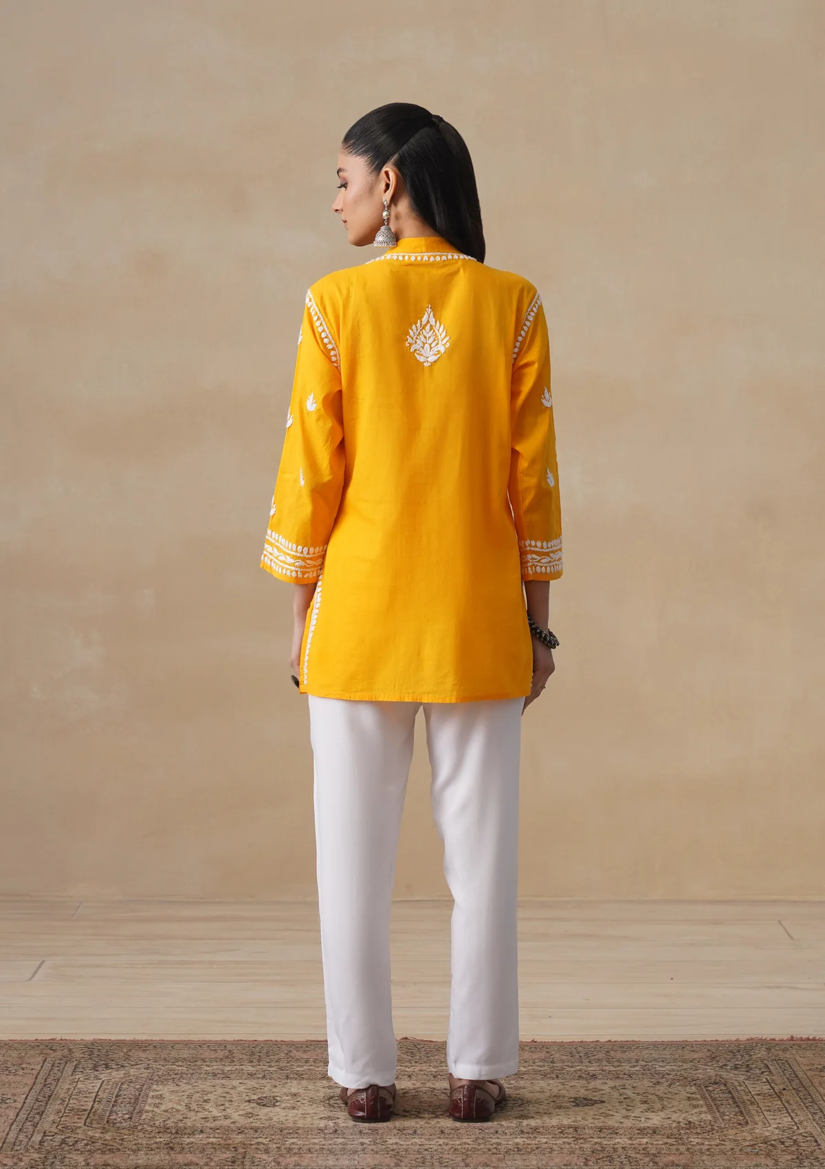 HOC Pure Cotton Chikankari Solid Women's Short Kurta-Mustard - Image 9