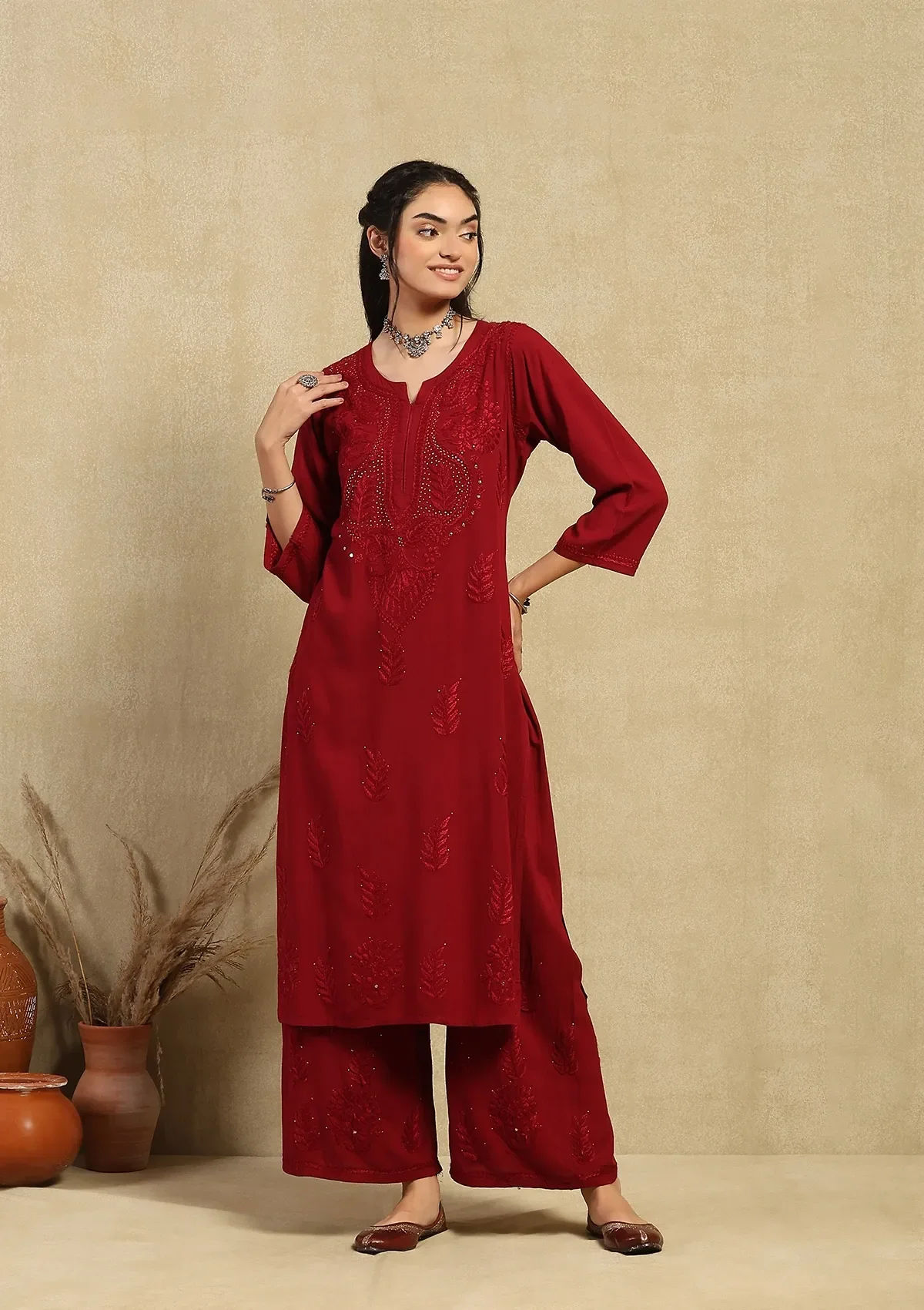 HOC Rayon Chikankari Mukaish Solid Women's 2PC Long Kurta Set-Maroon - Image 3