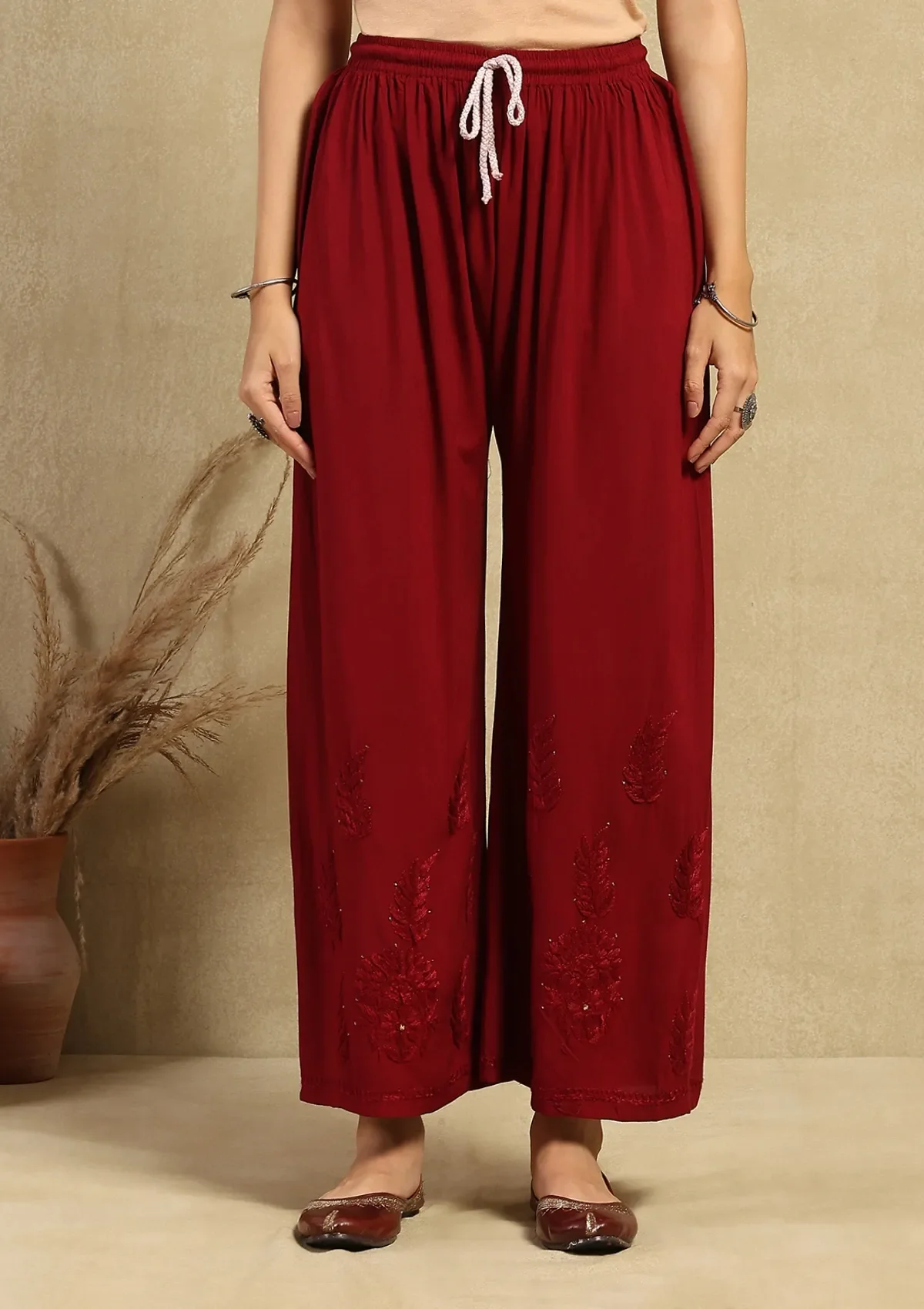 HOC Rayon Chikankari Mukaish Solid Women's 2PC Long Kurta Set-Maroon - Image 5