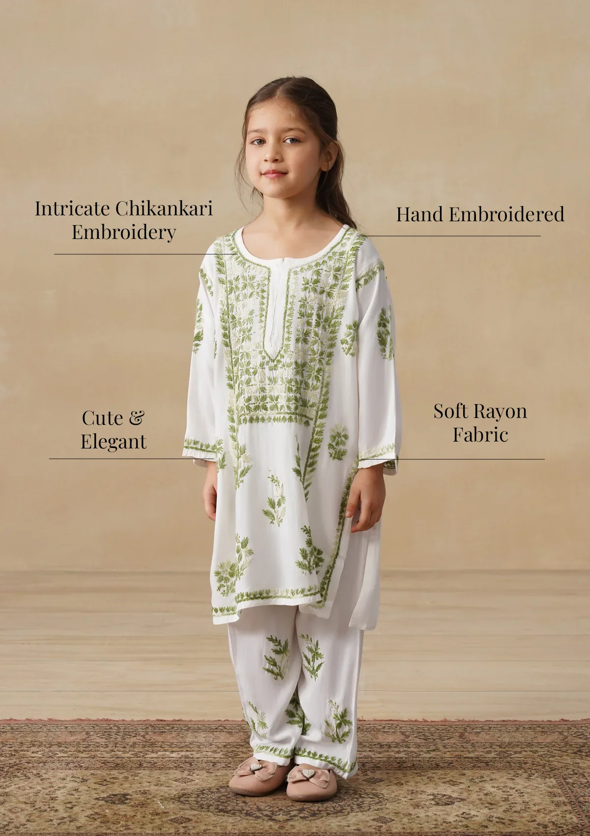 HOC Rayon Chikankari Solid Girls 2 PC Long Kurta Set - White - Image 11