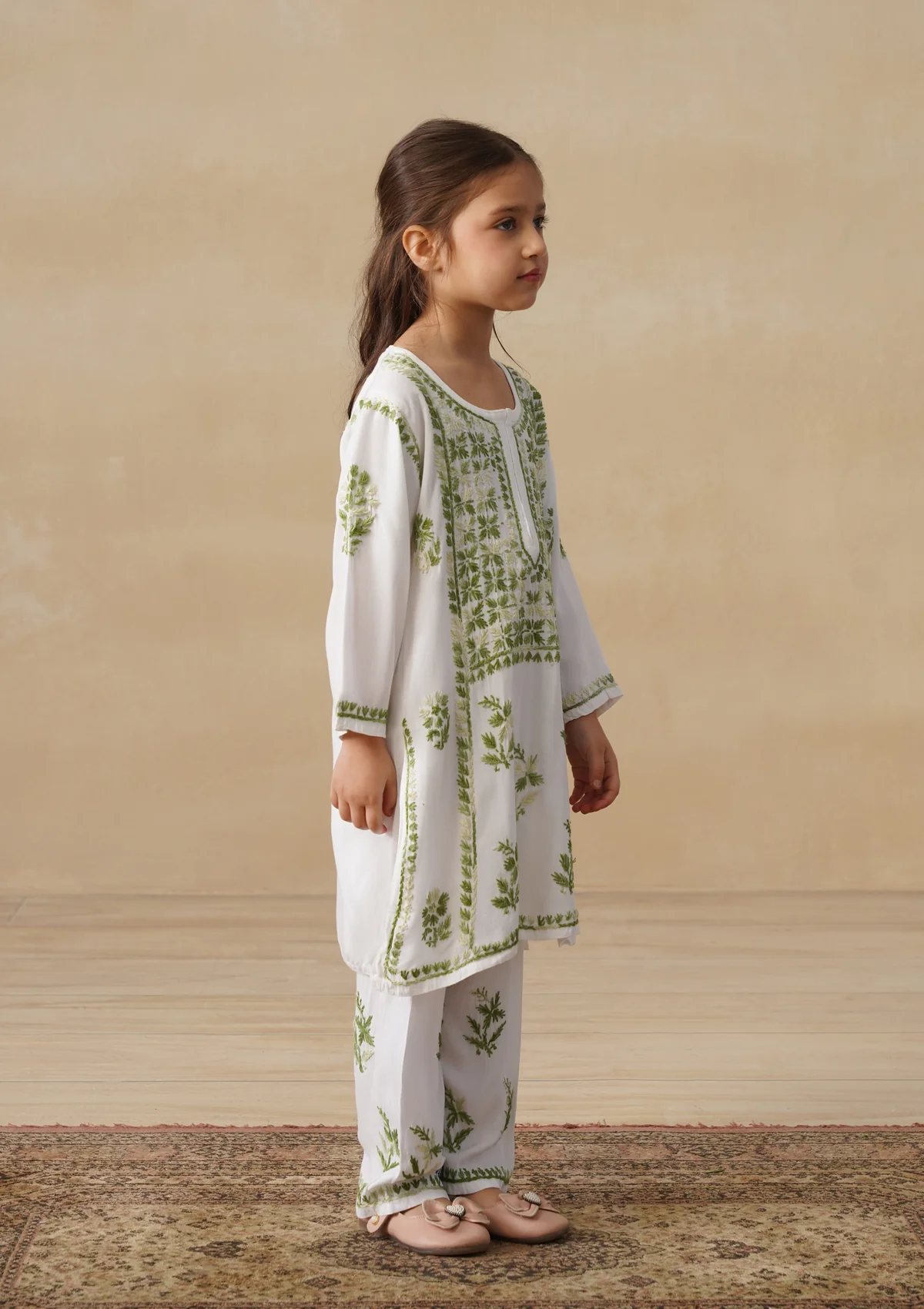 HOC Rayon Chikankari Solid Girls 2 PC Long Kurta Set - White - Image 3