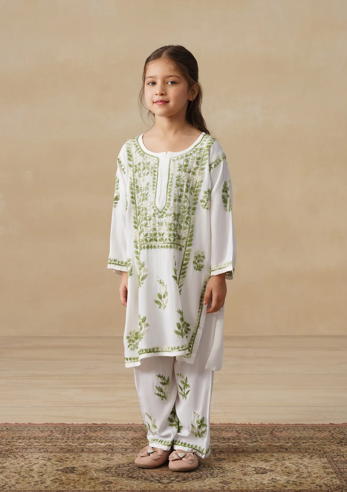 HOC Rayon Chikankari Solid Girls 2 PC Long Kurta Set - White - Image 4