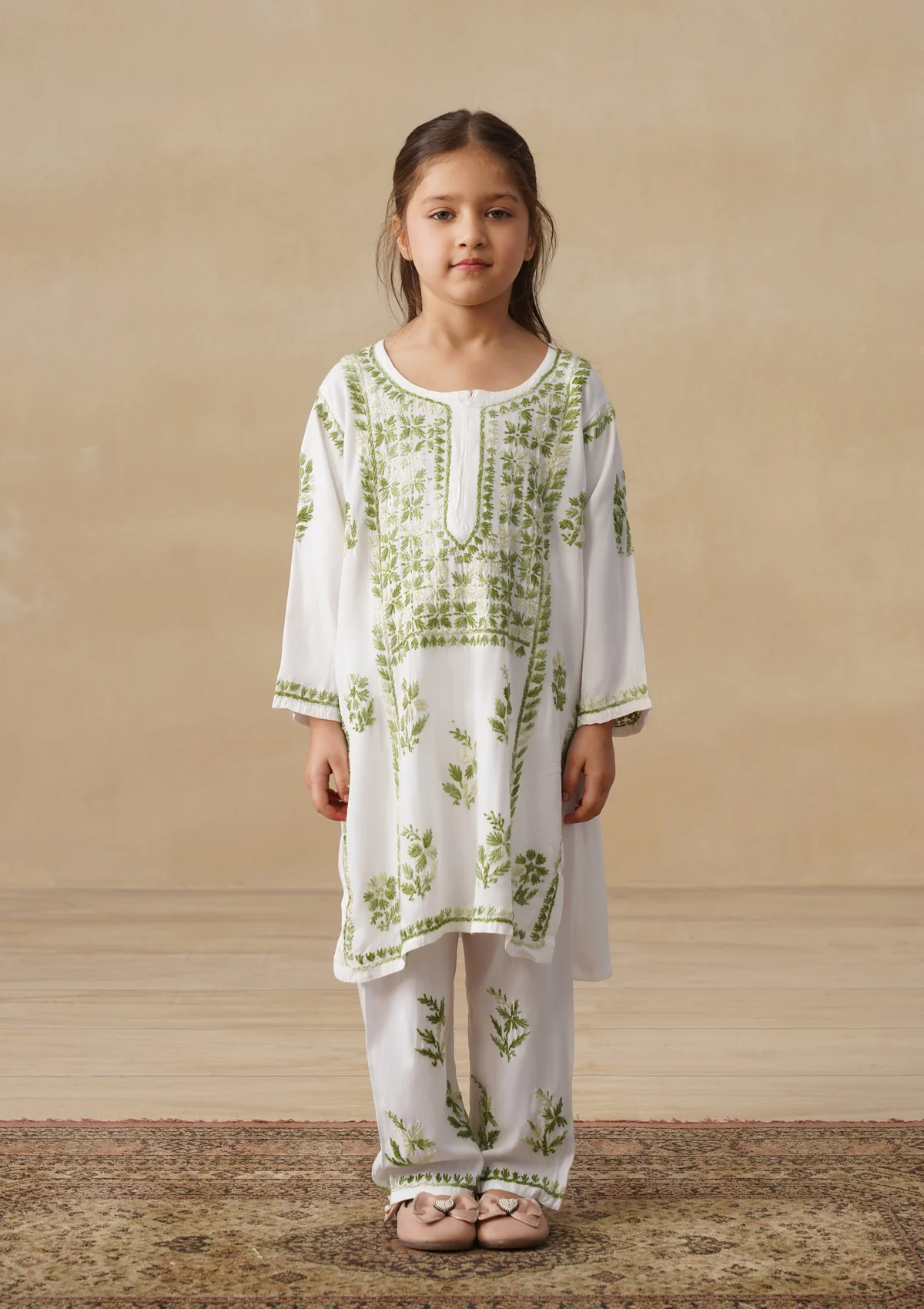 HOC Rayon Chikankari Solid Girls 2 PC Long Kurta Set - White - Image 5