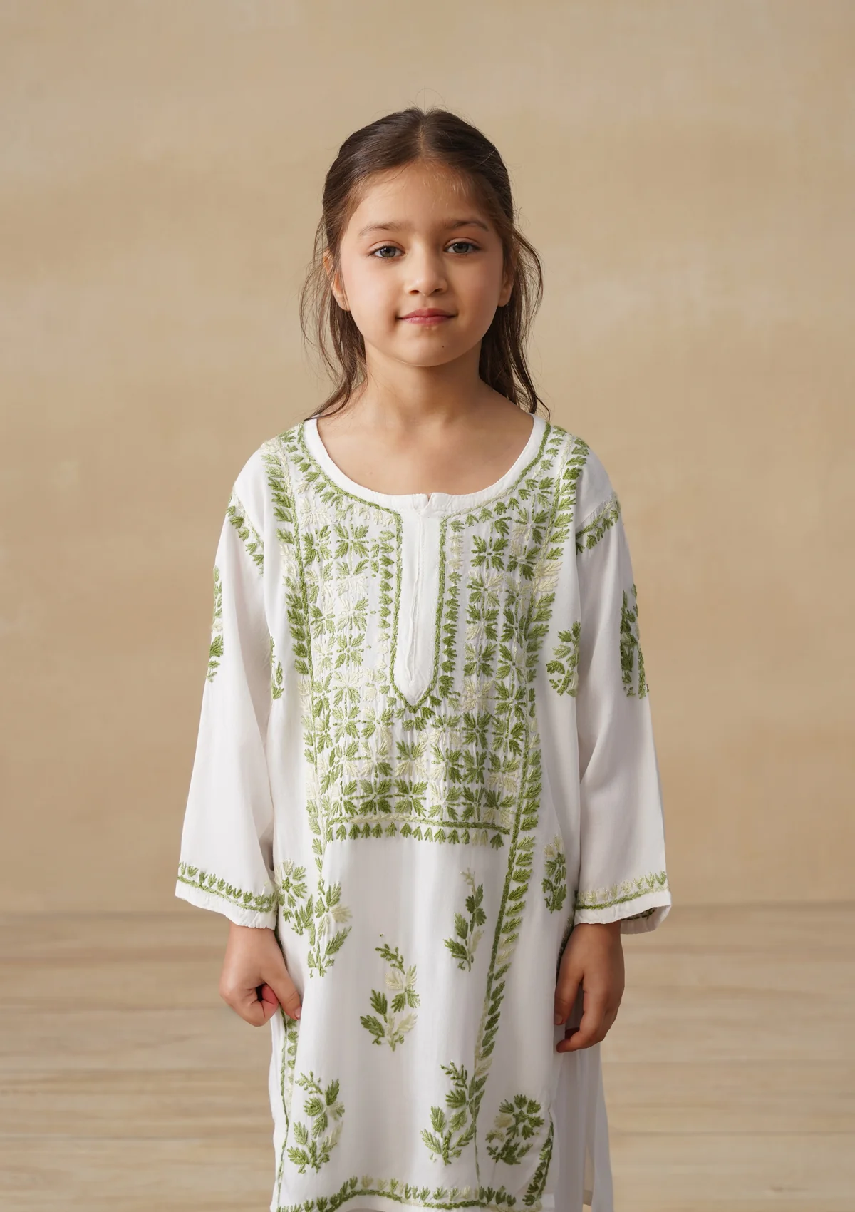 HOC Rayon Chikankari Solid Girls 2 PC Long Kurta Set - White - Image 6