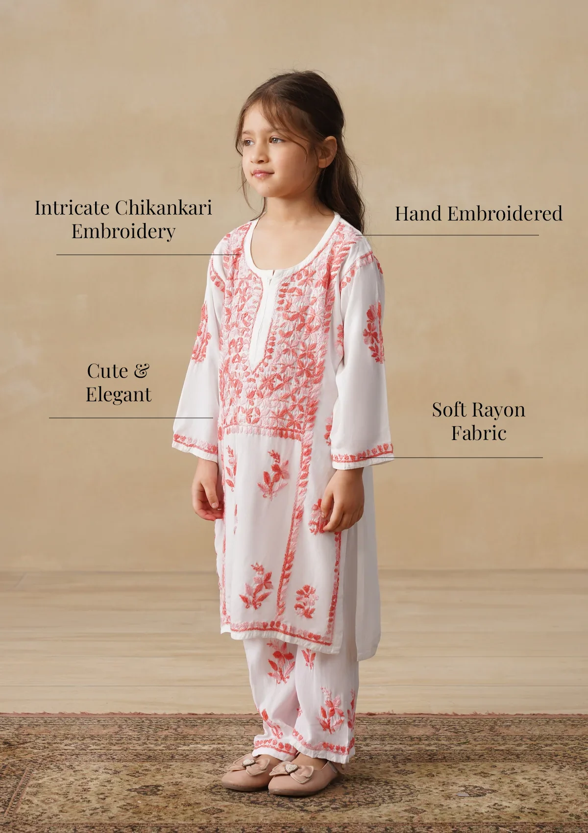 HOC Rayon Chikankari Solid Girls 2 PC Long Kurta Set - White - Image 12